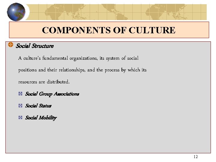 COMPONENTS OF CULTURE Social Structure A culture’s fundamental organizations, its system of social positions