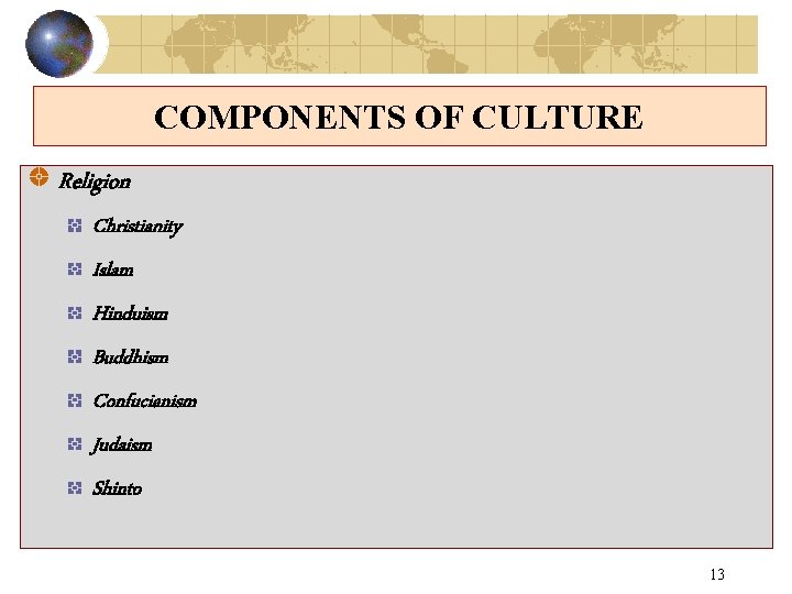 COMPONENTS OF CULTURE Religion Christianity Islam Hinduism Buddhism Confucianism Judaism Shinto 13 