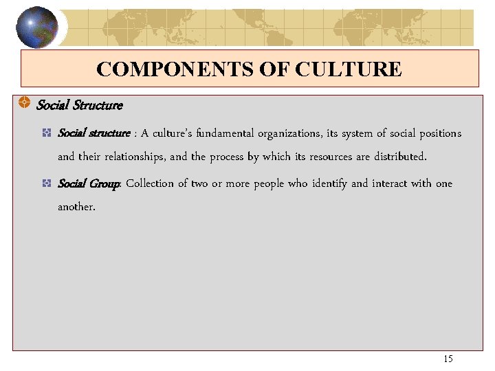 COMPONENTS OF CULTURE Social Structure Social structure : A culture’s fundamental organizations, its system