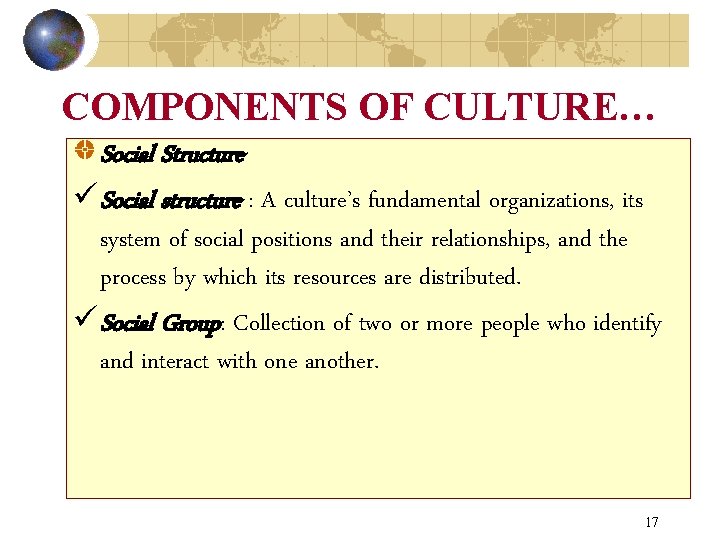 COMPONENTS OF CULTURE… Social Structure ü Social structure : A culture’s fundamental organizations, its