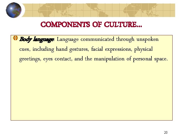 COMPONENTS OF CULTURE… Body language: Language communicated through unspoken cues, including hand gestures, facial