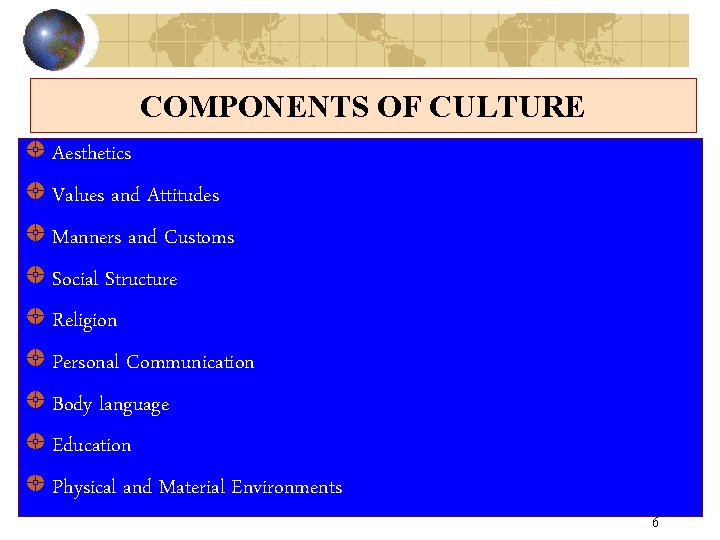 COMPONENTS OF CULTURE Aesthetics Values and Attitudes Manners and Customs Social Structure Religion Personal