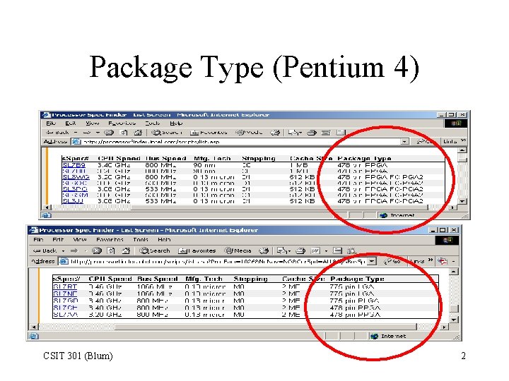 Package Type (Pentium 4) CSIT 301 (Blum) 2 