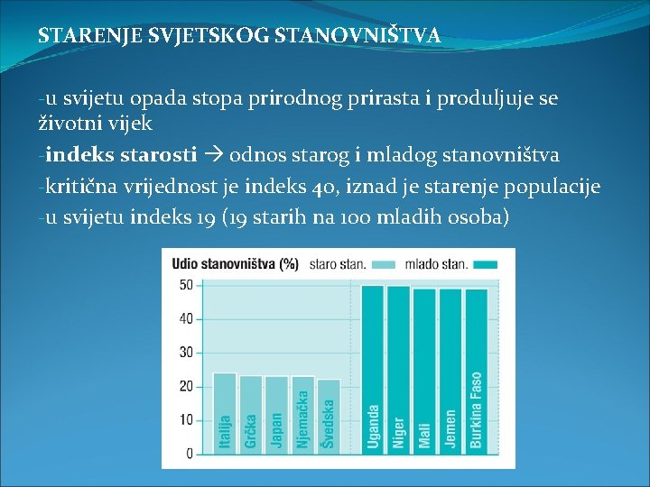 STARENJE SVJETSKOG STANOVNIŠTVA -u svijetu opada stopa prirodnog prirasta i produljuje se životni vijek