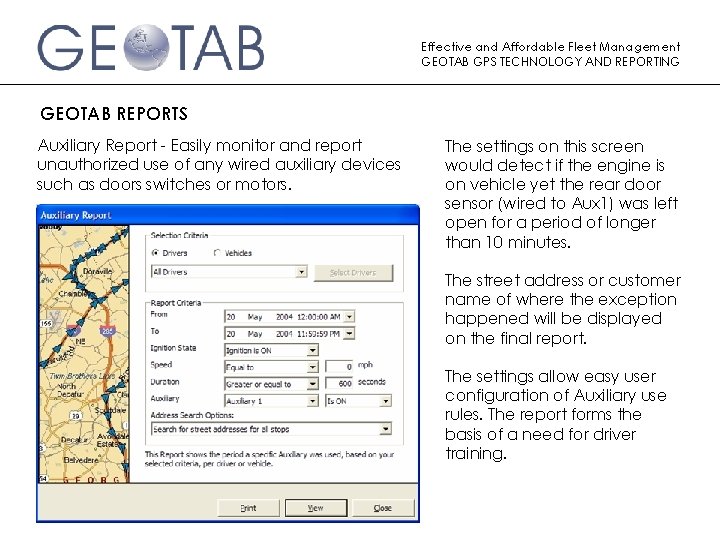 Effective and Affordable Fleet Management GEOTAB GPS TECHNOLOGY AND REPORTING GEOTAB REPORTS Auxiliary Report