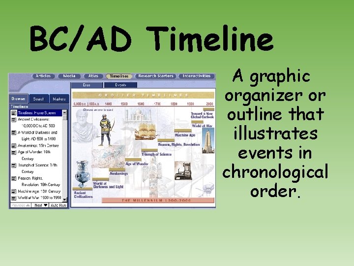 BC/AD Timeline A graphic organizer or outline that illustrates events in chronological order. 