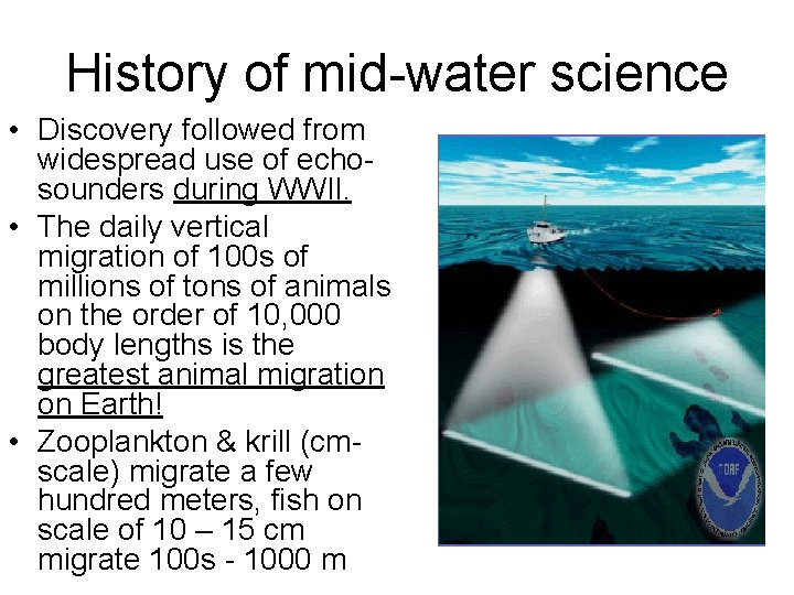 History of mid-water science • Discovery followed from widespread use of echosounders during WWII.