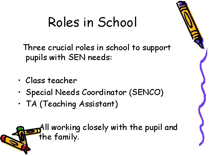 Roles in School Three crucial roles in school to support pupils with SEN needs: