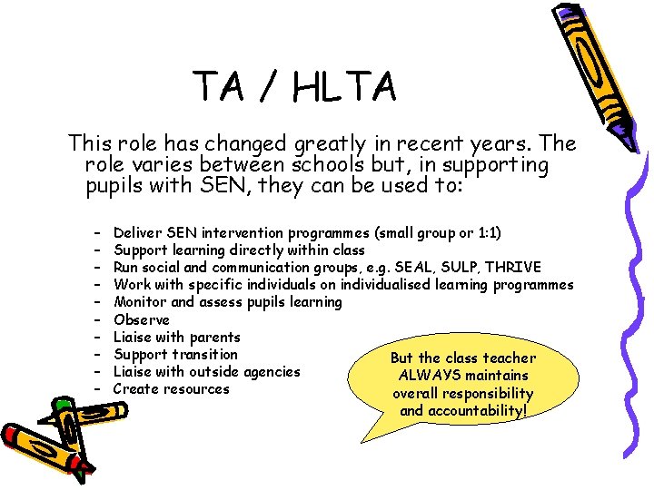 TA / HLTA This role has changed greatly in recent years. The role varies