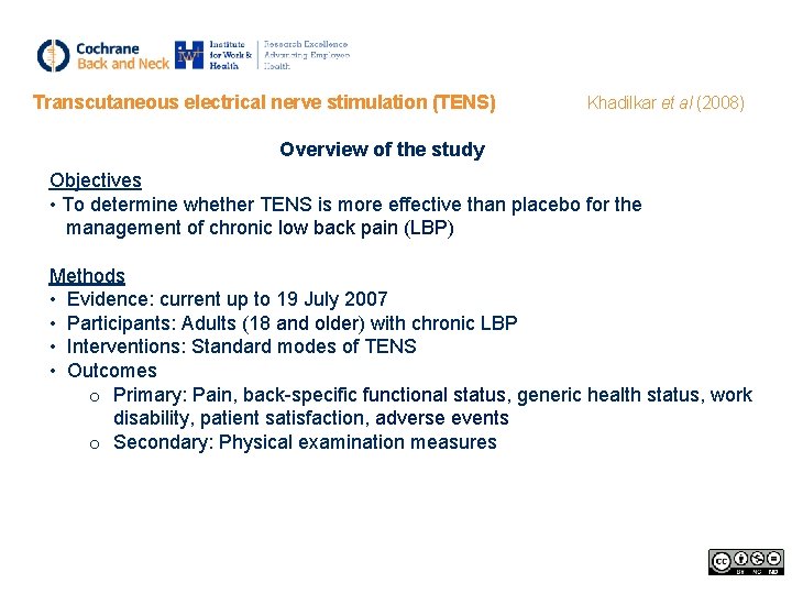 Transcutaneous electrical nerve stimulation (TENS) Khadilkar et al (2008) Overview of the study Objectives