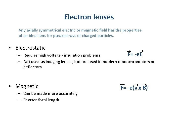 Electron lenses Any axially symmetrical electric or magnetic field has the properties of an