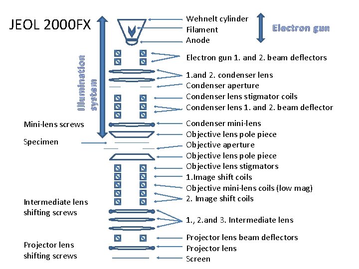 Illumination system JEOL 2000 FX Mini-lens screws Specimen Intermediate lens shifting screws Projector lens