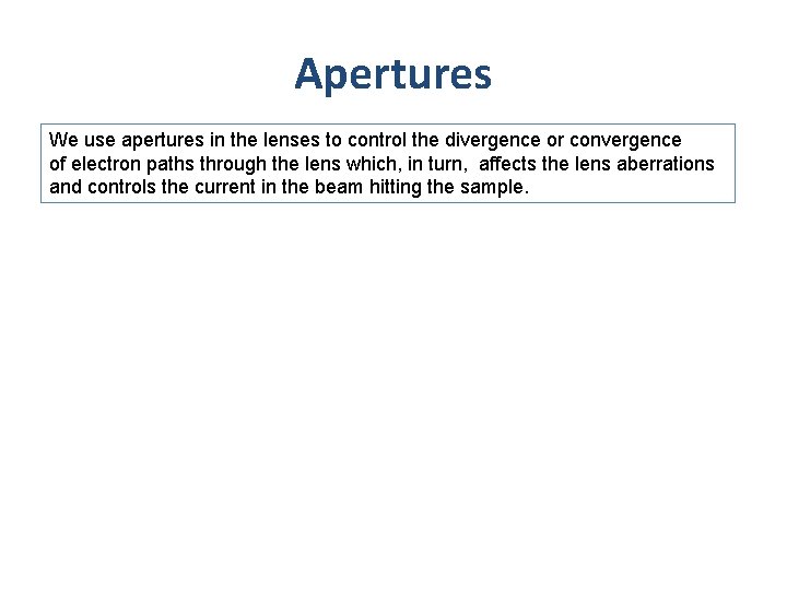 Apertures We use apertures in the lenses to control the divergence or convergence of