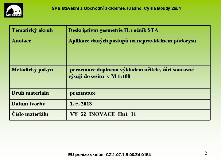 SPŠ stavební a Obchodní akademie, Kladno, Cyrila Boudy 2954 Tematický okruh Deskriptivní geometrie II.