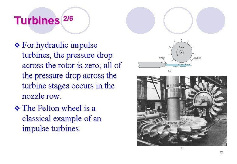 Turbines 2/6 v For hydraulic impulse turbines, the pressure drop across the rotor is