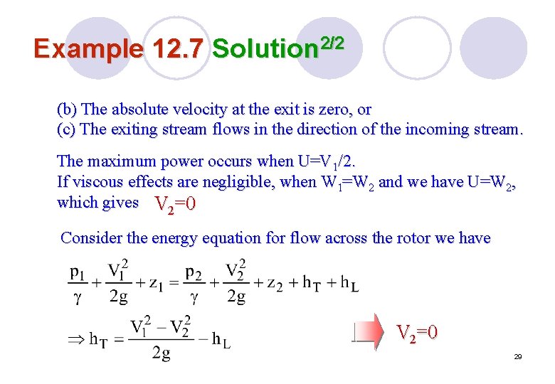 Example 12. 7 Solution 2/2 (b) The absolute velocity at the exit is zero,