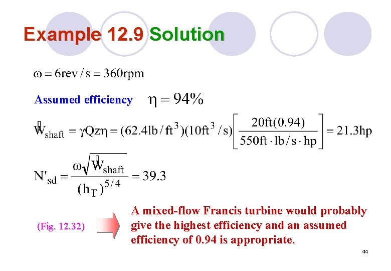 Example 12. 9 Solution Assumed efficiency (Fig. 12. 32) A mixed-flow Francis turbine would