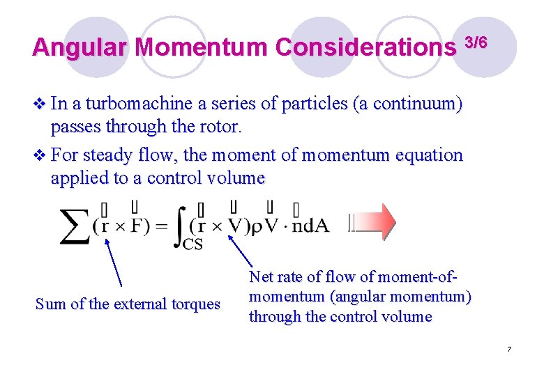 Angular Momentum Considerations 3/6 v In a turbomachine a series of particles (a continuum)