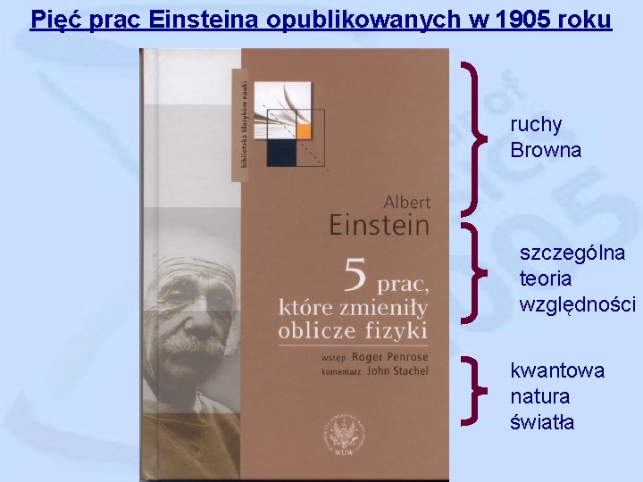 Pięć prac Einsteina opublikowanych w 1905 roku 1. „Nowa metoda wyznaczania rozmiarów molekuł” 2.