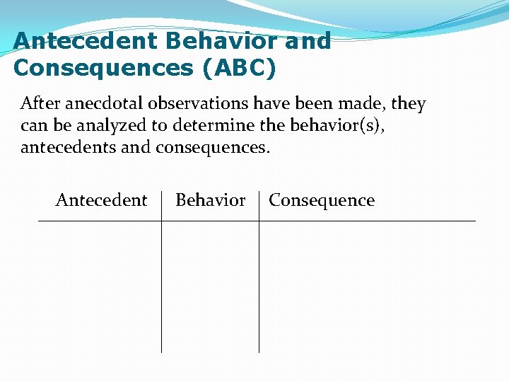 Antecedent Behavior and Consequences (ABC) After anecdotal observations have been made, they can be