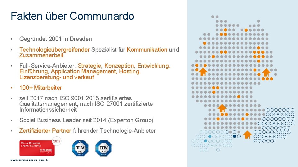 Fakten über Communardo • Gegründet 2001 in Dresden • Technologieübergreifender Spezialist für Kommunikation und