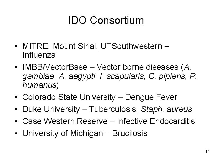 IDO Consortium • MITRE, Mount Sinai, UTSouthwestern – Influenza • IMBB/Vector. Base – Vector