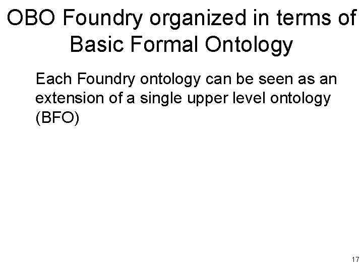 OBO Foundry organized in terms of Basic Formal Ontology Each Foundry ontology can be