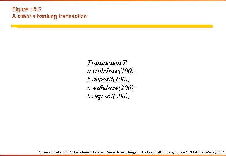 Figure 16. 2 A client’s banking transaction T: a. withdraw(100); b. deposit(100); c. withdraw(200);