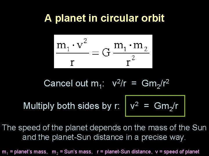 A planet in circular orbit Cancel out m 1: v 2/r = Gm 2/r