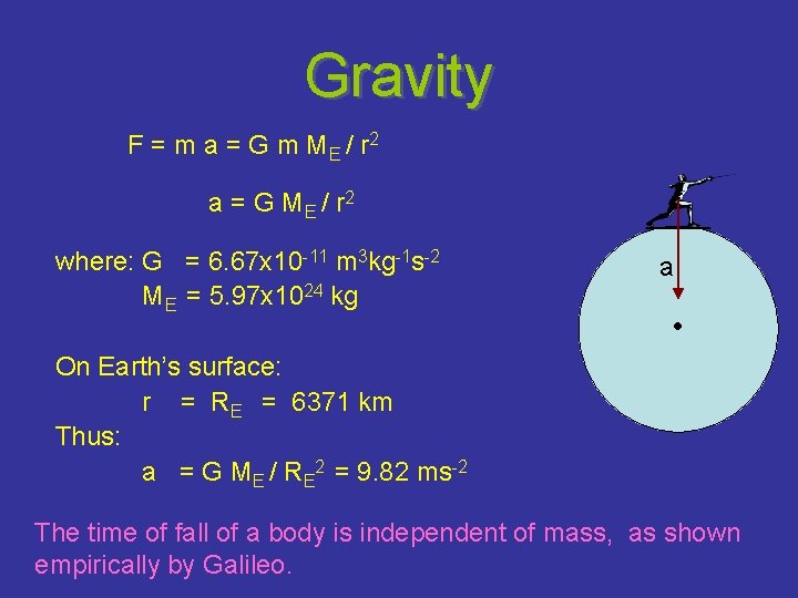 Gravity F = m a = G m M E / r 2 a