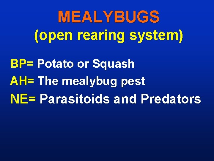 MEALYBUGS (open rearing system) BP= Potato or Squash AH= The mealybug pest NE= Parasitoids