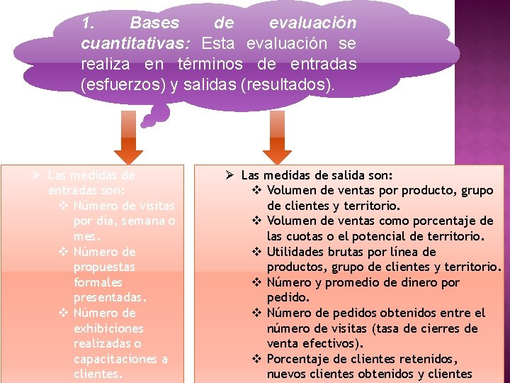 1. Bases de evaluación cuantitativas: Esta evaluación se realiza en términos de entradas (esfuerzos)