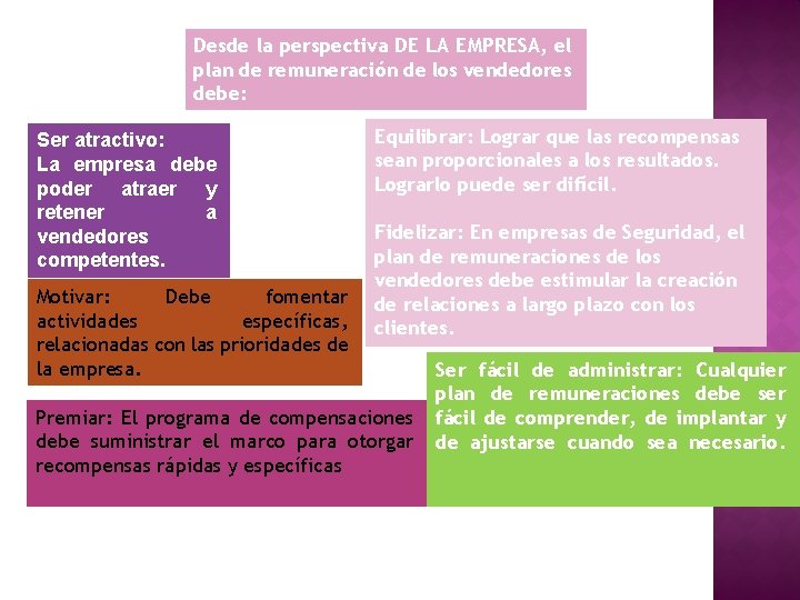 Desde la perspectiva DE LA EMPRESA, el plan de remuneración de los vendedores debe: