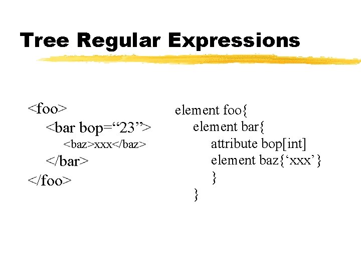 Tree Regular Expressions <foo> <bar bop=“ 23”> <baz>xxx</baz> </bar> </foo> element foo{ element bar{