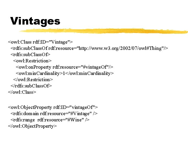 Vintages <owl: Class rdf: ID="Vintage"> <rdfs: sub. Class. Of rdf: resource="http: //www. w 3.