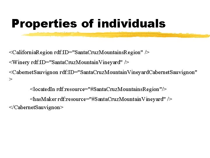 Properties of individuals <California. Region rdf: ID="Santa. Cruz. Mountains. Region" /> <Winery rdf: ID="Santa.