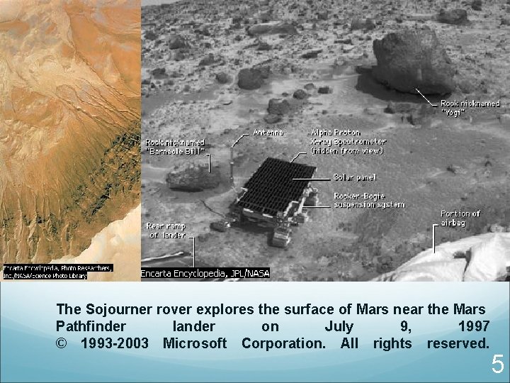 The Sojourner rover explores the surface of Mars near the Mars Pathfinder lander on