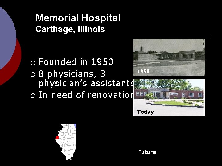 Memorial Hospital Carthage, Illinois Founded in 1950 ¡ 8 physicians, 3 physician’s assistants ¡