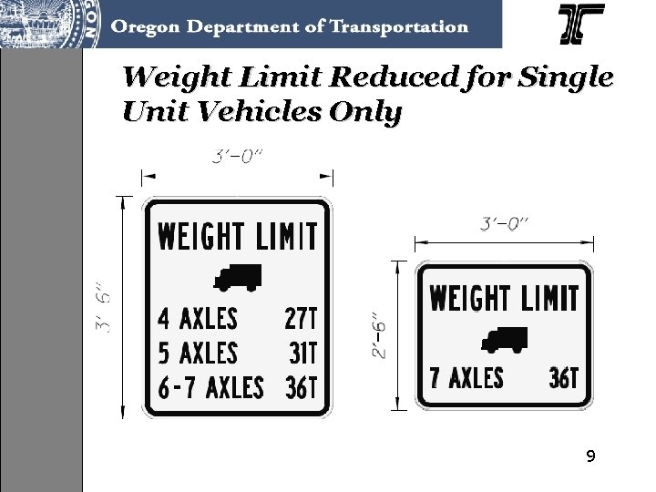 Weight Limit Reduced for Single Unit Vehicles Only 9 