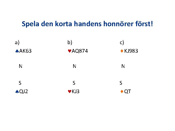 Spela den korta handens honnörer först! a) AK 63 b) AQ 874 N S