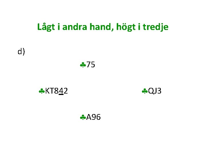 Lågt i andra hand, högt i tredje d) 75 KT 842 QJ 3 A