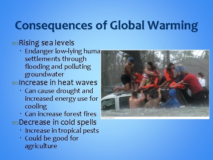 Consequences of Global Warming Rising sea levels Endanger low-lying human settlements through flooding and