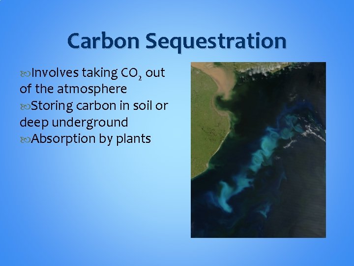 Carbon Sequestration Involves taking CO 2 out of the atmosphere Storing carbon in soil