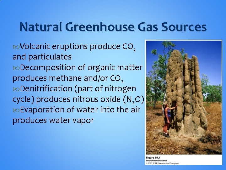 Natural Greenhouse Gas Sources Volcanic eruptions produce CO 2 and particulates Decomposition of organic