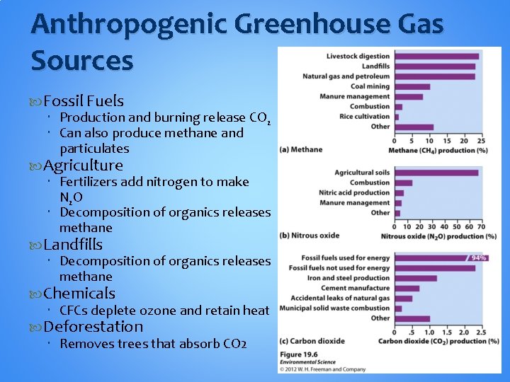 Anthropogenic Greenhouse Gas Sources Fossil Fuels Production and burning release CO 2 Can also