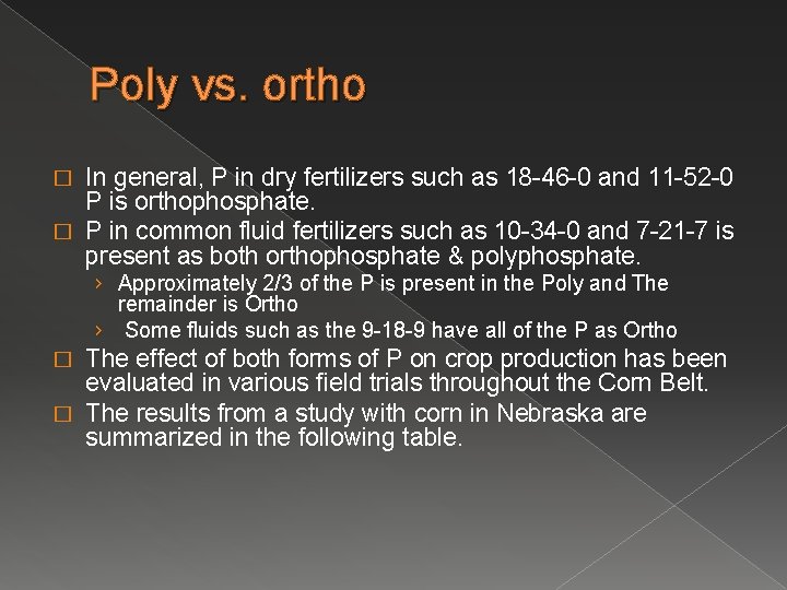 Poly vs. ortho In general, P in dry fertilizers such as 18 -46 -0