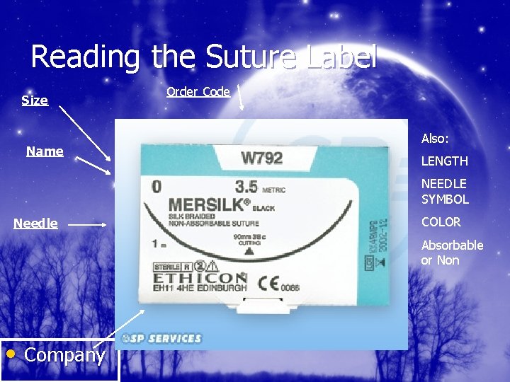 Reading the Suture Label Size Name Order Code Also: LENGTH NEEDLE SYMBOL Needle COLOR