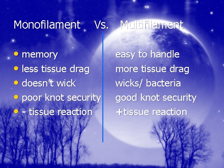 Monofilament Vs. Multifilament • memory • less tissue drag • doesn’t wick • poor