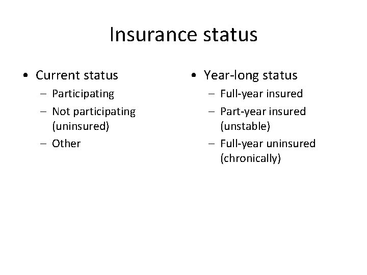 Insurance status • Current status – Participating – Not participating (uninsured) – Other •