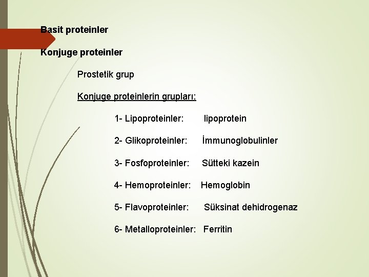 Basit proteinler Konjuge proteinler Prostetik grup Konjuge proteinlerin grupları: 1 - Lipoproteinler: lipoprotein 2